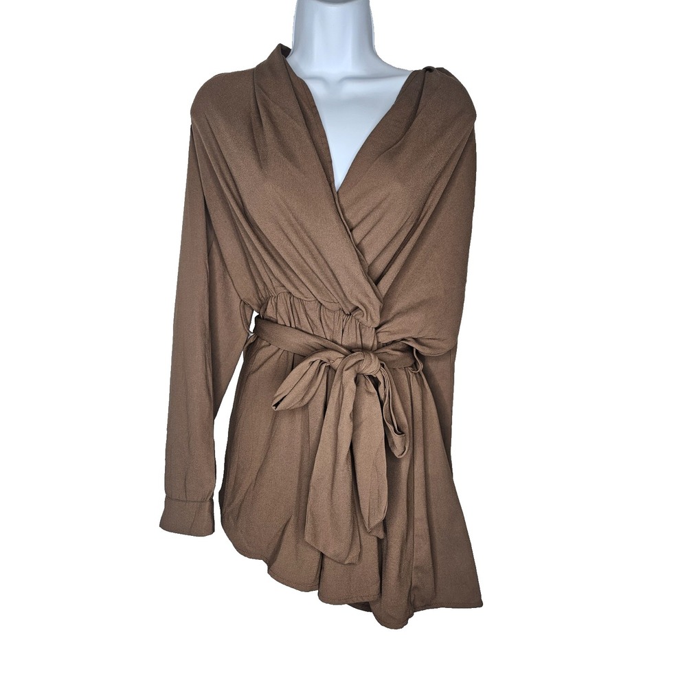 HYFVE Wrap Romper Mocha Brown Long Sleeve Tie Waist Boutique M NWT